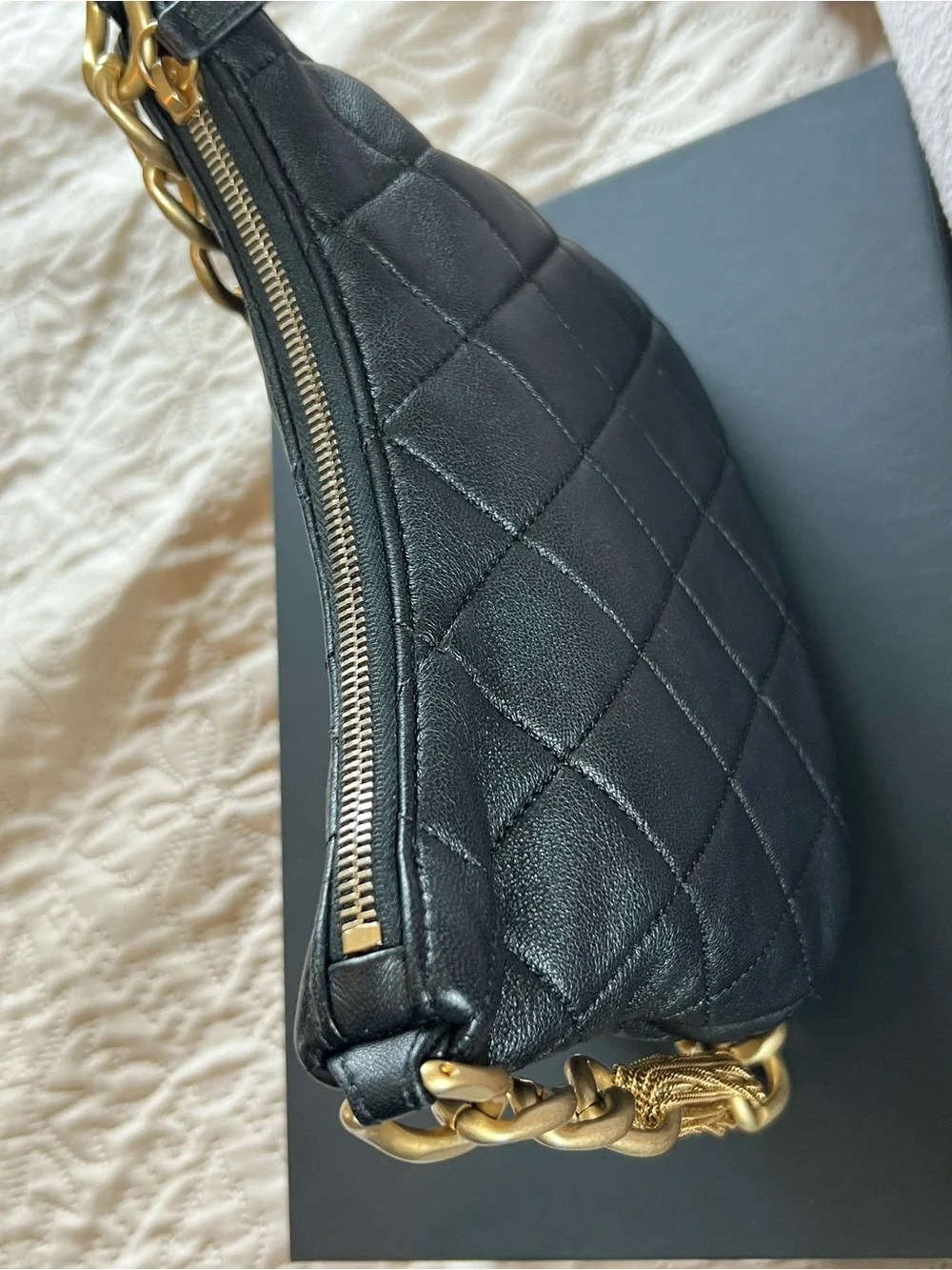 CHANEL Black Quilted Shoulder Hobo with Gold Chain and CC Emblem